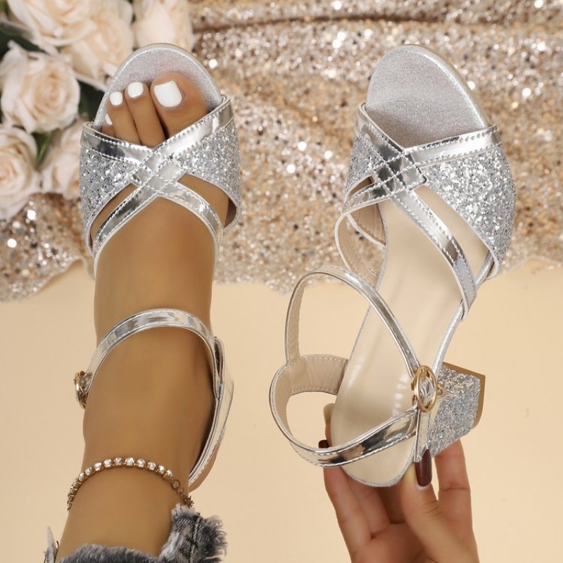 Wedding Fx - Damskie sandały na słupku, złote, błyszczące,